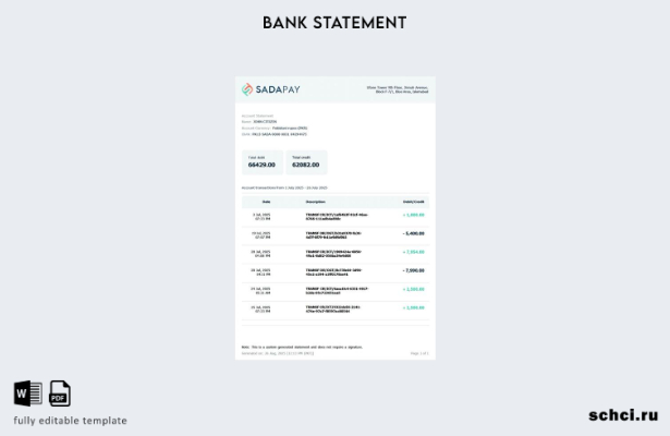 цифровая загрузка пакистанского шаблона выписки по счету SadaPay